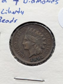 1892 Indian Head Cent w/Four Diamonds, Full Liberty, & Full Beads