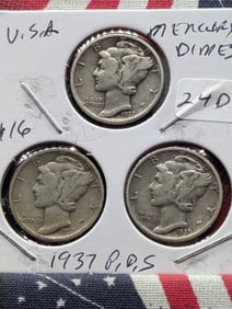 1937 P,D,S Silver Mercury Dimes - Complete Year Set!