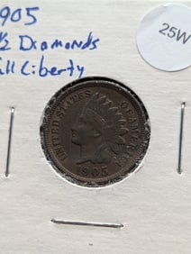 1905 Indian Head Cent w/Three 1/2 Diamonds & Full Liberty
