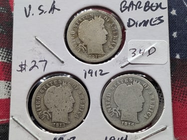 1912, 1913, & 1914 Silver Barber Dimes
