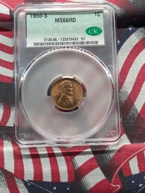 1950-S Lincoln Wheat Cent Graded By CAC MS 66 Red