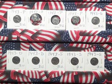 Ten 1943 P D & S BU Wartime Steel Lincoln Wheat Cents