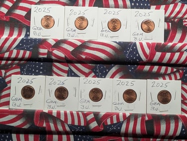 Nine 2025-P GEM BU Lincoln Shield Cents, Last Year of The Penny