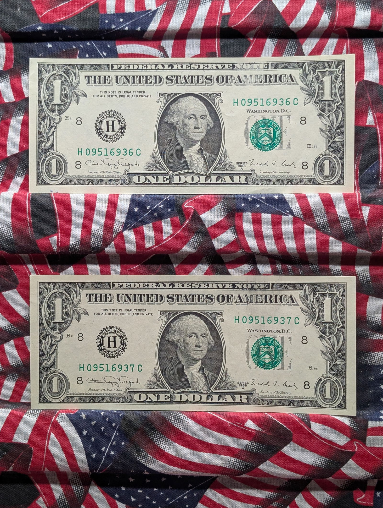 Lot of Two (2) $1 FRN's 1988(A) In Consecutive Order w/Ink Smears on Obverse (1 of 6)