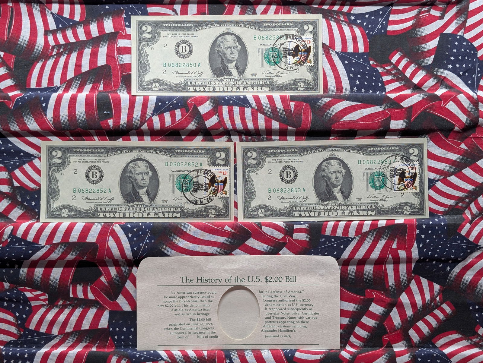 Lot of Three (3) 1976 $2 FRN - Post Marked with Historical Explanation - Two In Consecutive Order (1 of 8)