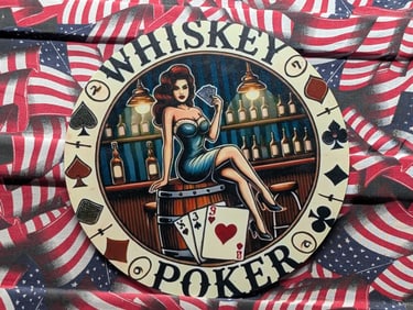 Whisky & Poker, Metal Sign, 7.75x7.75 Inches-Dinner Plate Size, Perfect For Man Cave, Garage, etc.,