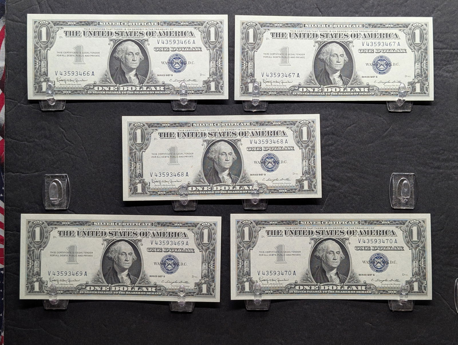 Lot of Five (5) CONSECUTIVE $1 1957-B Silver Certificates (1 of 4)