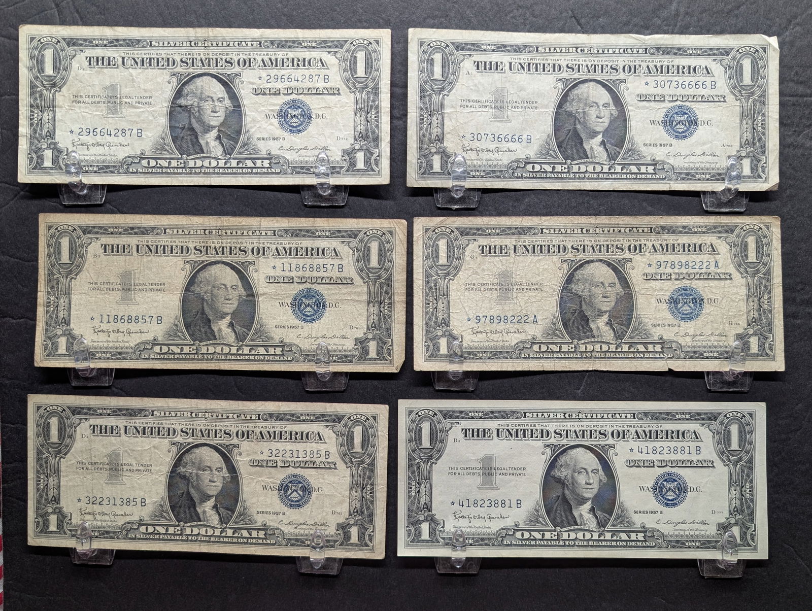 Lot of Six (6) $1 1957-B Silver Certificate Star Notes - One Has Four "6's" In A Row (1 of 4)