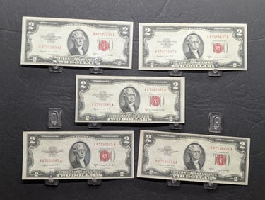 Lot of Five (5) 1953-B $2 Legal Tender Notes