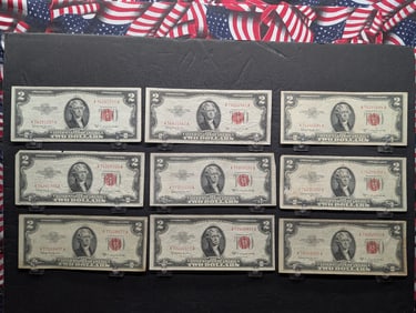 Lot of Nine (9) 1953-C $2 Legal Tender Notes