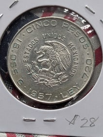 1957-MO Mexican 5 Peso Coin - 72% Silver, 18.055 Gr.
