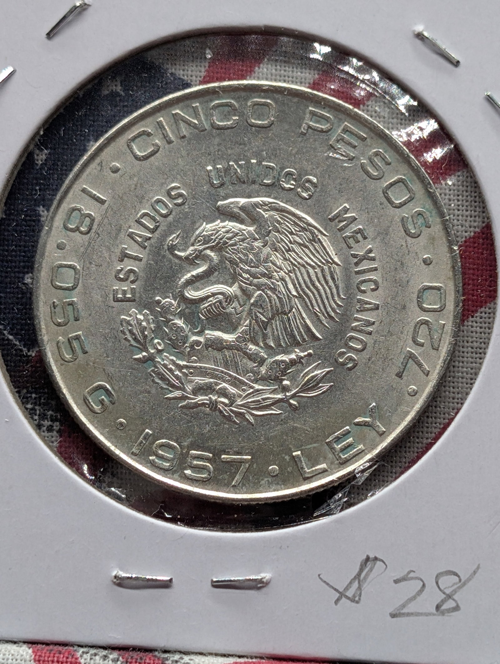 1957-MO Mexican 5 Peso Coin - 72% Silver, 18.055 Gr.: 1957-MO Mexican 5 Peso Coin - 72% Silver, 18.055 Gr.