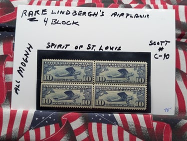 Rare 4 Block Lindberg Airmail Spirit of St. Louis Stamps C-10 MOGNH