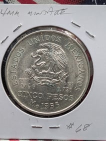 1953-MO Mexican 5 Peso Coin - 72% Silver, 27.78 Gr.