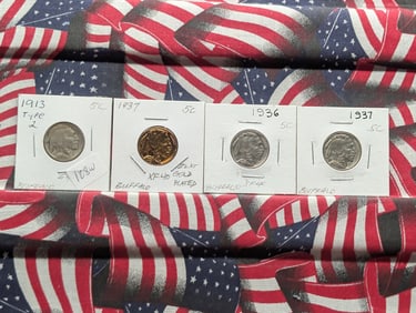 Lot of Four (4) Buffalo Nickels 1913 T-2, 1937 Gold Plated, (1936 & 1937 w/Full Horns)