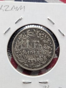 1914-B Switzerland 1 Franc - Helvetia - 83.5% Silver, 5 Gr.