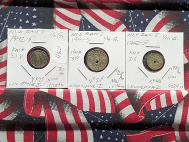 Lot of Three (3) Netherland Coins (1942-S 1/10 Gulden x 2 & 1941-P 1/4 Gulden) - All 72% Silver -
