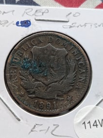 1891 Domincana Republic 10 Centesimos De Franco Bronze Coin Km9