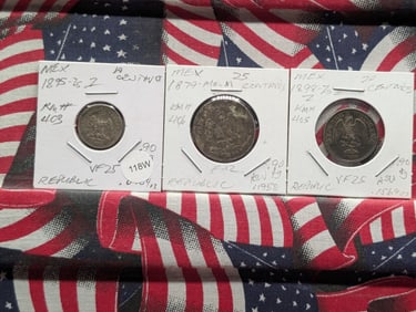 Lot of Three (3) Vintage Mexican Coins 1879-1898 - 10, 20 & 25 Centavos - All 90% Silver