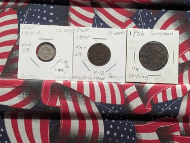 Lot of Three (3) Vintage Sweden Coins 1806-1938 - 2 & 10 Ore & 1/4 Shilling - 10 Ore Is 40% Silver