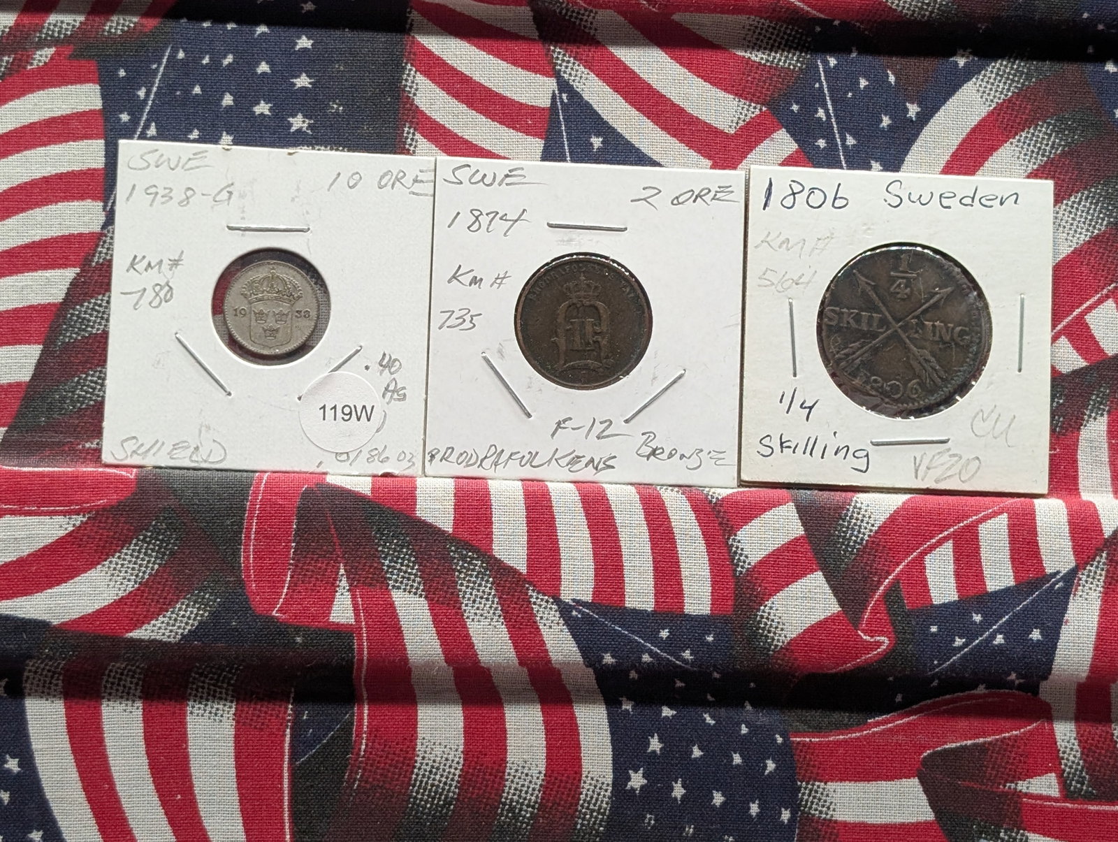 Lot of Three (3) Vintage Sweden Coins 1806-1938 - 2 & 10 Ore & 1/4 Shilling - 10 Ore Is 40% Silver: Lot of Three (3) Vintage Sweden Coins 1806-1938 - 2 & 10 Ore & 1/4 Shilling - 10 Ore Is 40% Silver