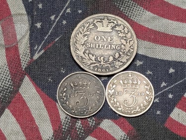Lot of Three (3) GBR Silver Coins - 92.5% Silver UK Shilling 5.66 Gr., (2) UK Three Pence 92.5%