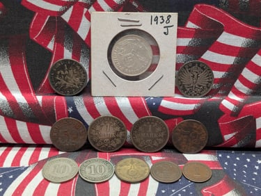 Germany 1938 2 Reichsmark .625 8 Gr, 1875 & 1886 1 Mark .900 5.55 Gr Ea, (2)1917 50 Pfennig Notgeld,