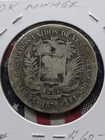 1879 South Africa Five Bolivares - 90% Silver & 25 Gr.