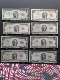 (8) 1953 US Two Dollar Red Seal Federal Reserve Notes