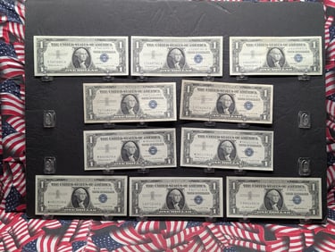 (9) 1957-B & (1) 1957 US One Dollar Federal Reserve Silver Certificates