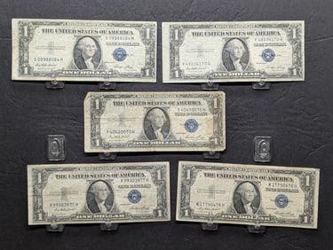 (5) 1935-E US One Dollar Federal Reserve Silver Certificates - (2) Are Off Center & (1) Is A Trinary