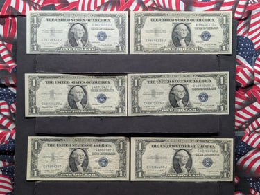 (6) 1935-G US One Dollar Federal Reserve Silver Certificates - All Crisp