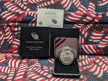2015-P UNC March of Dimes Commem 90% Silver Dollar in OGP w/ COA