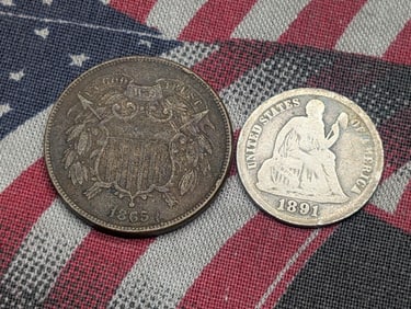 1865 Two Cent Piece & 1891 Seated Liberty Dime