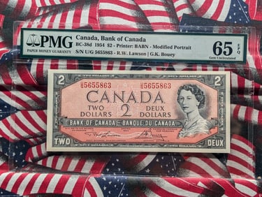 1954 Bank of Canada $2.00 Currency Note - PMG Cert. GEM UNC 65 EPQ w/ Modified Portrait