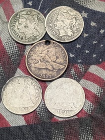 1857 Flying Eagle Cent (Holed), 1853 & 1891-O Seated Liberty Dimes, & 1865 & 1866 Three Cent Nickels