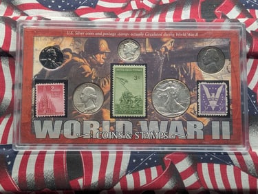 WWII Coins & Stamps Collection in Display - Includes 1943 Steel Lincoln Cent, 1942-S 90% Silver