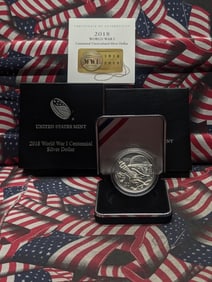 2018-P UNC WWI Centennial Commem 90% Silver Dollar in OGP w/ COA