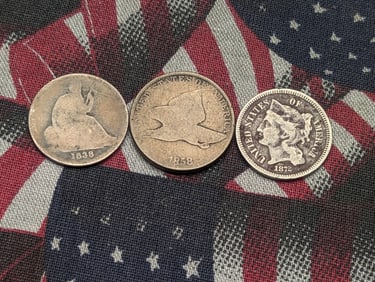 1838 Seated Liberty Dime, 1858 Flying Eagle Cent, & 1872 Three Cent Nickel