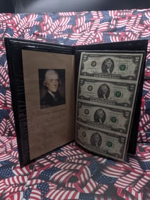 Uncut Sheet of Four 2003 A Series $2.00 Federal Reserve Notes in Display Book