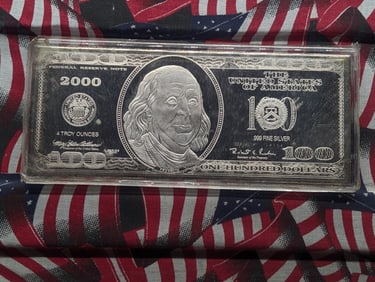 4 Troy Oz. .999 FINE SILVER 2000 Series $100.00 FRN Designed Large Art Bar in Display Case