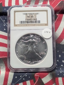1990 American Silver Eagle One Dollar, NGC MS69 - One Troy Ounce .999 Fine Silver