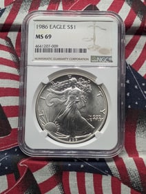 1986 American Silver Eagle One Dollar, NGC MS69 - One Troy Ounce .999 Fine Silver