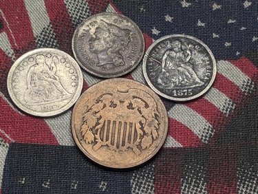 1857 & 1875 Seated Liberty Dimes, 1867 Three Cent Nickel & 18?? Two Cent Piece