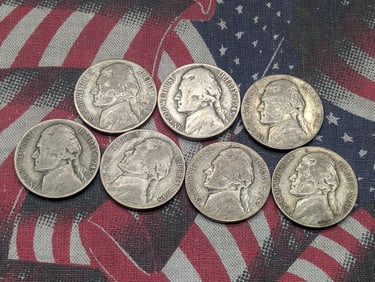 1942-P, 1945-S, & (5) 1945-D Jefferson Nickels, All 35% Silver