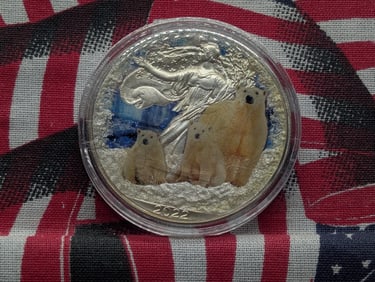 Glittery Polar Bears Colorized 2022 American Silver Eagle in Capsule