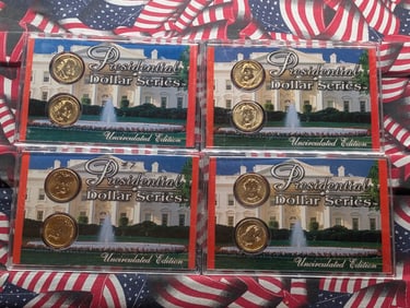Four Presidential Dollar Uncirculated Edition Sets in Display - Millard Fillmore, Andrew Jackson,