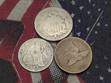 1858 Flying Eagle Cent, 1874 Shield Nickel, & 1887 Seated Liberty Dime