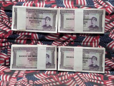 Four Bank Wrapped 1967 CRISP UNC Bank of Mozambique 500 Escudos - Pack of 100 Currency Notes