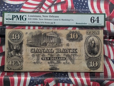 1850's Louisiana, New Orleans Canal & Banking Co. $10.00 Obsolete Currency Note - PMG Cert. CHOICE